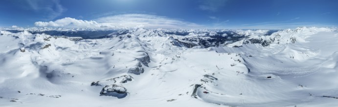 Aerial view, Alpine panorama, Snow-covered glacier plain, Plaine-Morte glacier, Bernese Alps,