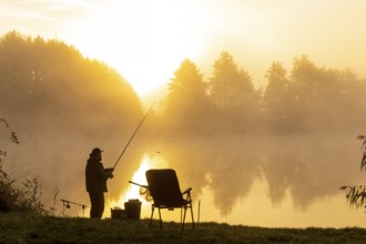 Angler on the bank at sunrise in the fog at the Grutschenteich in Nassau, Weinböhla, Saxony,