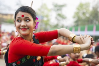 Participants with an instructor dance on the final day of a Bihu dance workshop ahead of Rongali