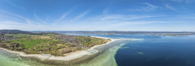 Aerial view, panorama of the Höri peninsula with the Lake Constance community of Horn at low tide,