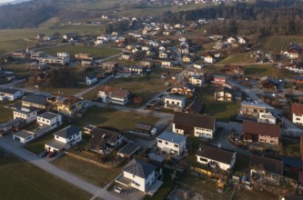 Drone image, residential buildings, residential area, Schlins, Walgau, Vorarlberg, Austria, Europe