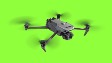 Isolated unmanned aircraft system (UAV) quadcopter drone in the air over A green screen