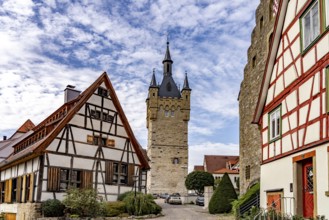 Blue Tower and half-timbered houses in Bad Wimpfen, Kraichgau, Baden-Württemberg, Germany, Europe