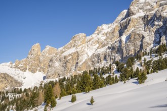 Beautiful landscape of the Mountain silhouettes of the Sexten Dolomites on a sunny winter day,