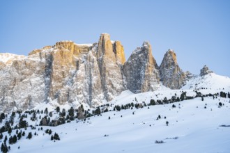 Beautiful landscape of the Mountain silhouettes of the Sexten Dolomites on a sunny winter day,