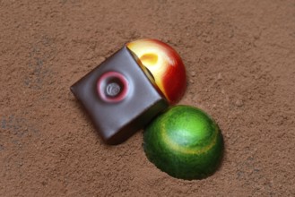 Colourful chocolates on cocoa powder
