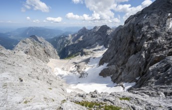 View of mountain basin with snow field of the Höllentalferner and Höllental, Zugspitze via ferrata,