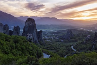 Meteora, rock needles at sunset, Thessaly, Greece, Europe