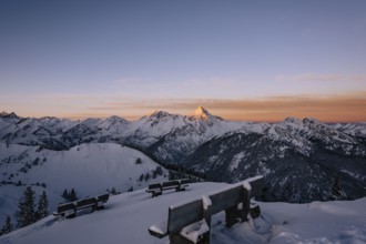 Snow-covered windscape in the Alps at Neunerköpfle in the Tannheimer Tal in Tyrol, Austria, Europe