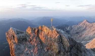 Sunset, aerial view, Zugspitze and summit cross, high mountains, Bavaria, Germany, Europe