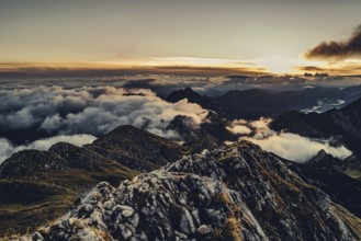 Sunrise hike on the Hochplatte in the Ammergau Alps, Ammergebirge in the Allgäu, Bavaria, Germany,