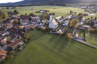 Bayerniederhofen with St Michael's Church seen from the air, Halblech, Allgäu, Bavaria, Germany,