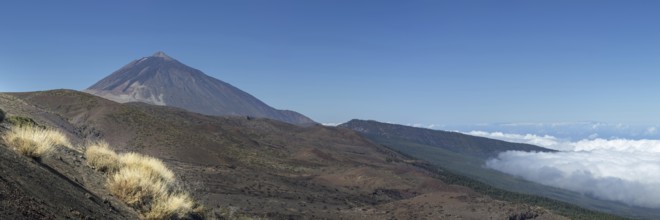 Panorama from the east over the Teide National Park, Parque Nacional del Teide, to Pico del Teide,