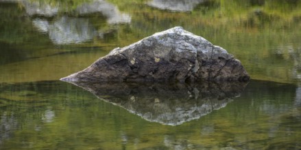 A rock is reflected in the Obersee, Schladming, Styria, Austria, Europe