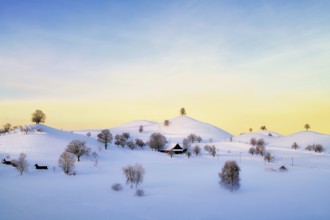Snow-covered hilly landscape at sunrise, Menzingen, Canton Zug, Switzerland, Europe