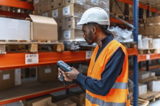 Side view of an african male supervisor in orange reflective waistcoat and helmet scanning barcode