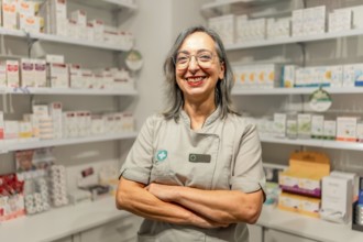 Portrait of a friendly female professional pharmacist smiling at camera with arms crossed on the
