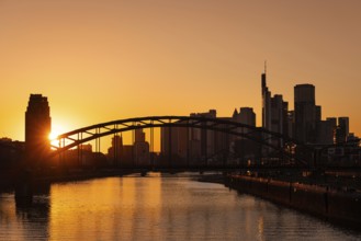 Sunset behind the Frankfurt banking skyline, Osthafen, Frankfurt am Main, Hesse, Germany, Europe