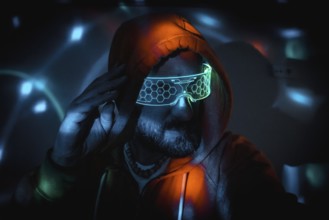 Bearded man wearing futuristic neon glasses and hoodie, touching his head, immersed in a cyberpunk,