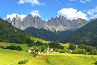 Scenic summer landscape with the famous chiesa di santa maddalena and the odle peaks in funes