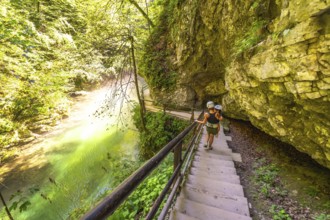 Tourists wearing helmets are walking down wooden stairs along the radovna river in vintgar gorge, a