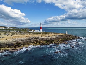 Portland Bill Lighthouse from a drone, Portland Bill, Isle of Portland, Dorset, England, United