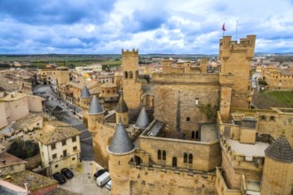 Aerial view of the medieval royal palace of olite with its impressive towers and walls, dominating