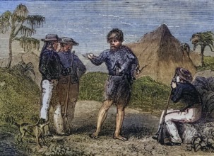 Selkirk and the British sailors. Alexander Selkirk, 1676-1721, Scottish sailor and castaway,