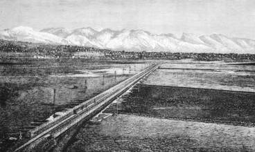 The city of Zion, city of the Mormons, on the Great Salt Lake with the snow-covered mountain