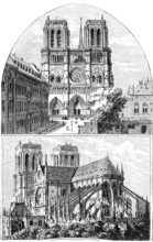 Gothic cathedral Notre Dame de Paris in front or west facade, rear view, double tower, flying