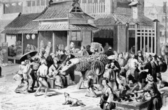 Street scene in a Japanese city, busy street, many people, artists, jugglers, spectators, wooden