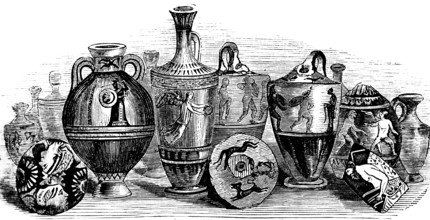 Greek vases and pottery, from archaeological excavations between Piraeus and Athens, street of
