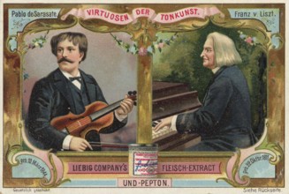 Picture series Virtuosen der Tonkunst, Pablo de Sarasate and Franz Liszt, Liebig picture, digitally
