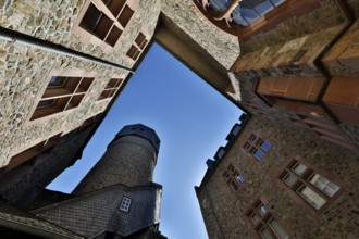 Old Castle, also known as Landgraves' Castle, view from the inner courtyard to the sky, Giessen,