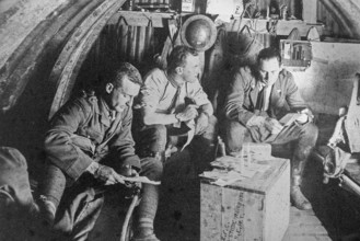 Australian officers of 105th Howitzer battery in WW1 dugout Elephant shelter on Hill 60 during