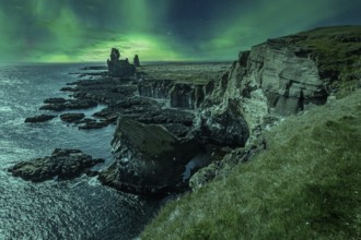 Landscape of Snaefellsnes peninsula in a night with a beautiful Northern Lights. Iceland