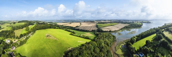 Panorama of Farms and Fields over St John's Lake from a drone, Tamar Estuary, Torpoint, Cornwall,