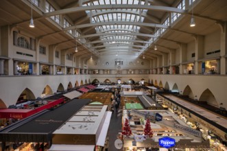 Interior view of market hall, food market, food, stalls, Stuttgart, Baden-Württemberg, Germany,