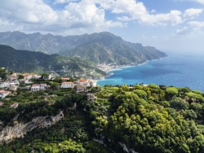 View of Ravello from a drone, Amalfi Coast, Tyrrhenian Sea, Salerno, Campania, Italy, Europe