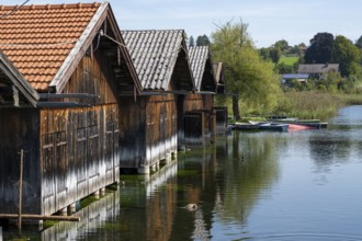 Boathouses on the Staffelsee, Seehausen, Upper Bavaria, Bavaria, Germany, Europe