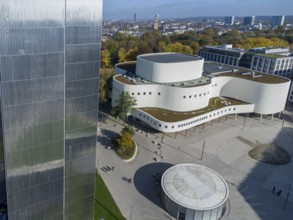 Gustaf-Gründgens-Platz mit Schauspielhaus, Drohnenaufnahme, Dreischeibenhaus, Düsseldorf, NRW,