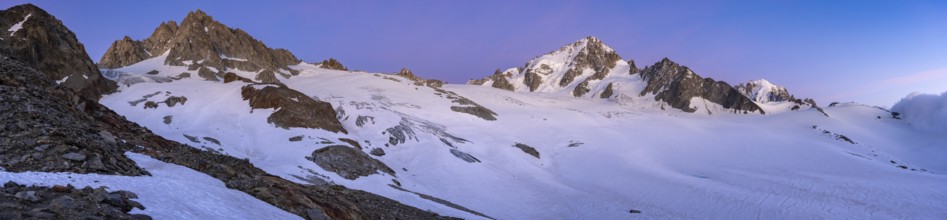 High alpine mountain landscape at sunset, Glacier du Tour, glacier and mountain peak, summit of the
