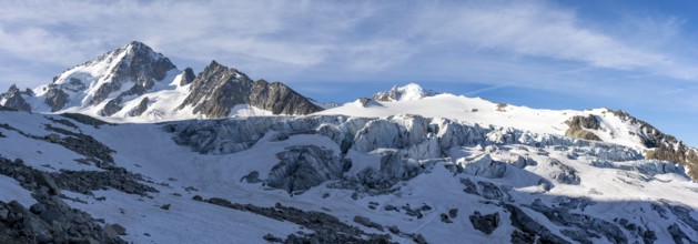 High alpine mountain landscape, summit of the Aiguille de Chardonnet and Glacier du Tour, glaciers
