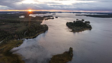 Sunset, drone shot, aerial view, lakes, moor landscape, Lapland, Finland, Europe