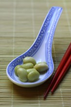 Edamame, unripe soya beans in an Asian ceramic spoon, Glycine max