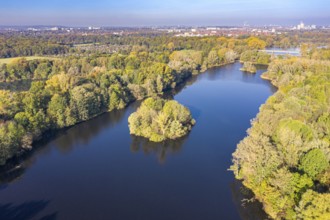 Drone shot of lake Ricklinger teich, south of Hannover city, Germany, Europe