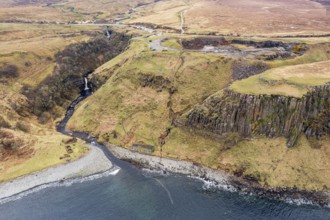 Aerial view of Lealt waterfall and basalt cliff near Staffin, Isle of Skye, Scotland, UK