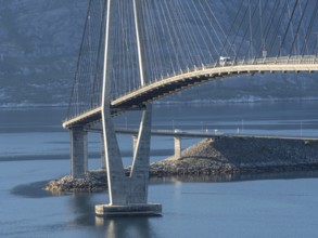 Helgeland bridge, connecting Sandnessjøen with the norwegian mainland, camper van on bridge,