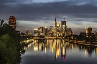 Skyline of Frankfurt am Main in the evening, skyscrapers in the banking district in the evening.