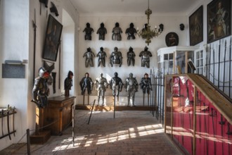 The armoury with knights' armour and hand weapons in the historic Meersburg Castle, museum, place